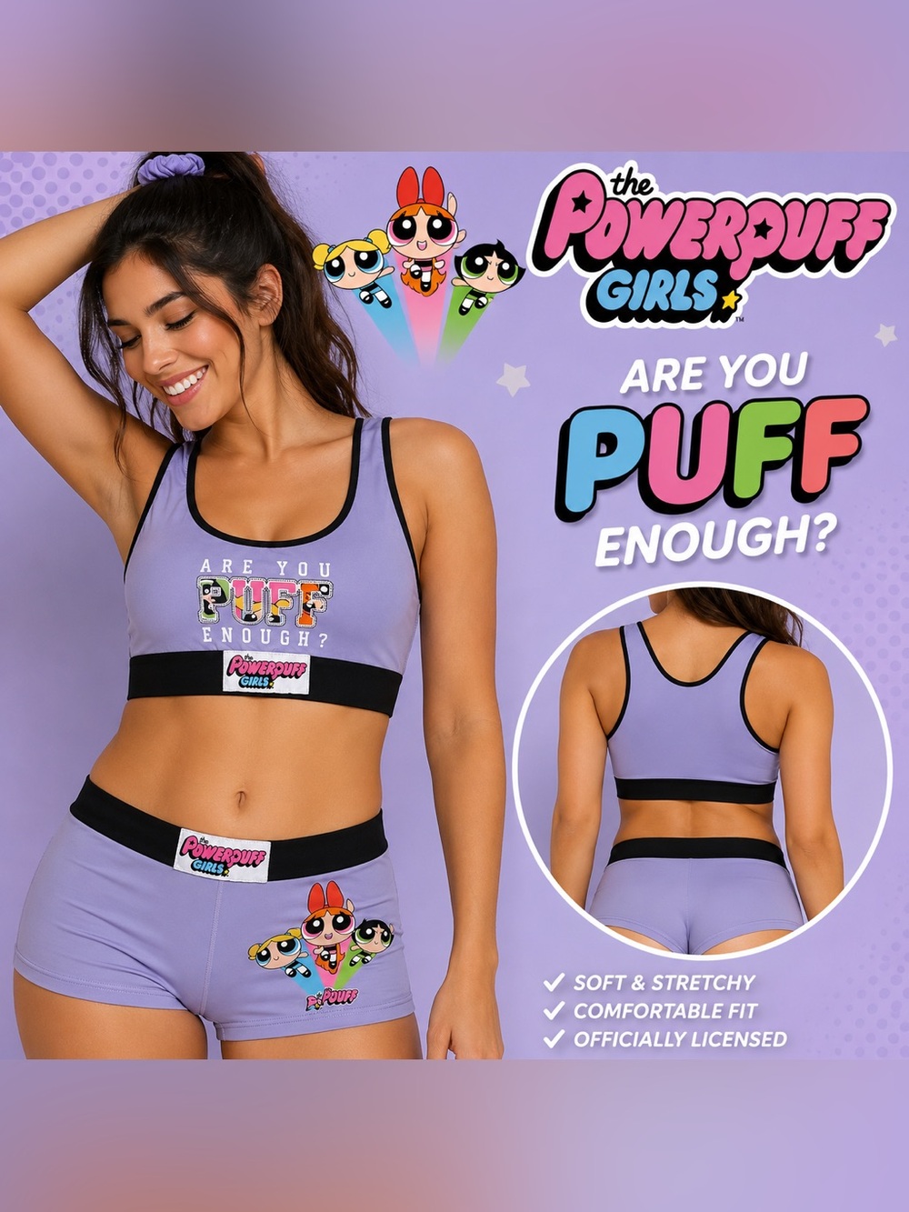 Powerpuff Girls “Are You Puff Enough?” Sports Bra & Boyshort Set Med #2216